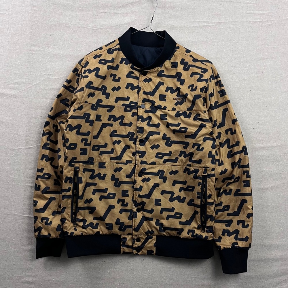 The North‎ Face Jester Reversible Bomber Jacket M Tan Navy Quilted Graphic Print